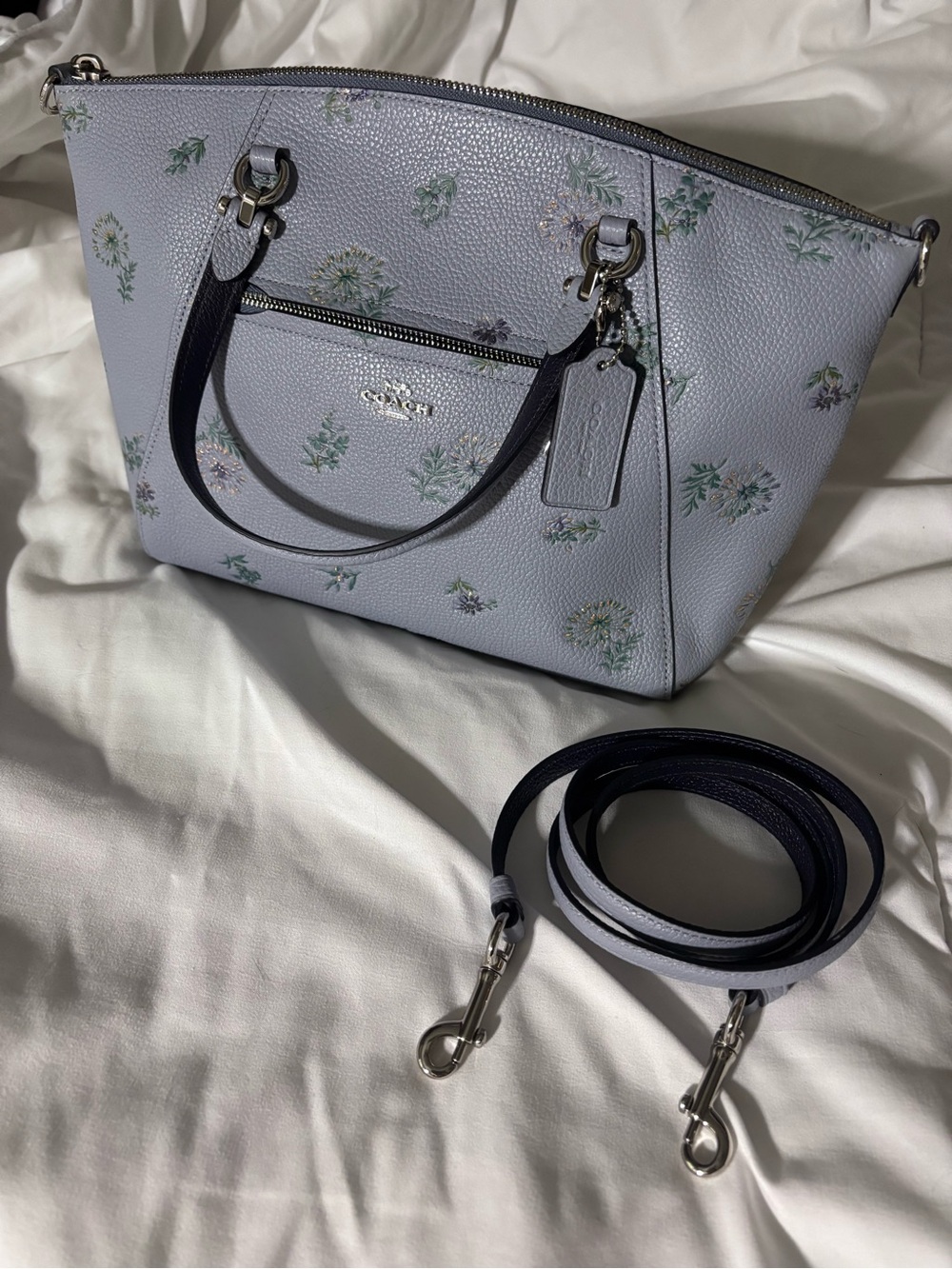 Coach Light Blue Floral Leather Shoulder Bag and zipper pouch